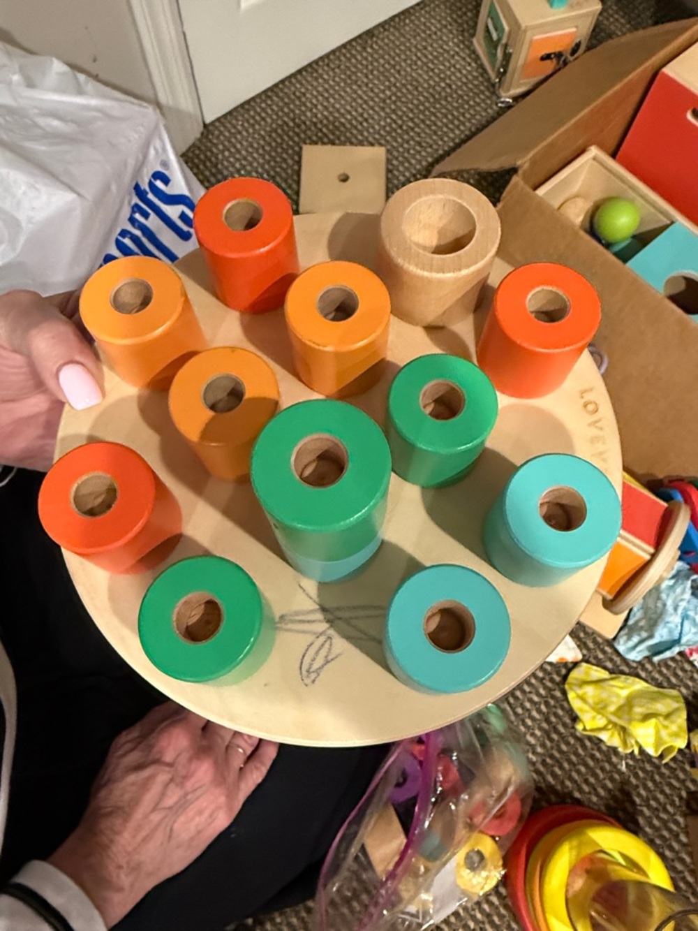 Wooden Color Sorting Peg Board Toy — Orange, Green, Teal